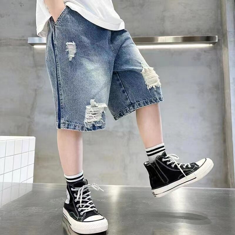 กางเกง MODE Korea ยีนส์ขาสั้นกางเกงยีนส์แต่งลายขาดๆ celana pendek DENIM เด็กหญิงเด็กชายสำหรับเด็กวัยหัดเดินกางเกงหลวมแบบลำลอง2024