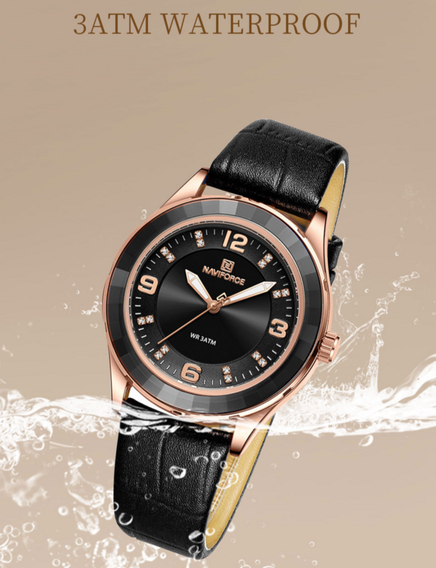 NAVIFORCE 5040 2024 New Watch Leather strap 30 meter waterproof luminous simple diamond quartz watch for women