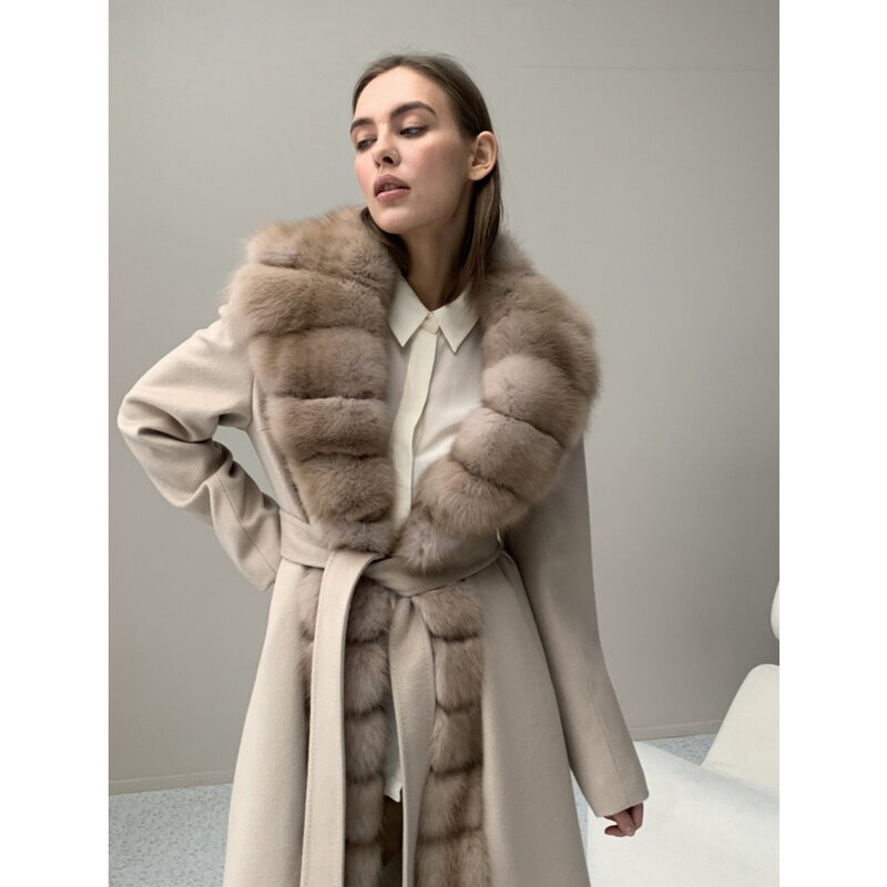 女性のためのカシミヤウールのコート,冬の毛皮のコート,自然なキツネの毛皮,豪華な,冬の毛皮