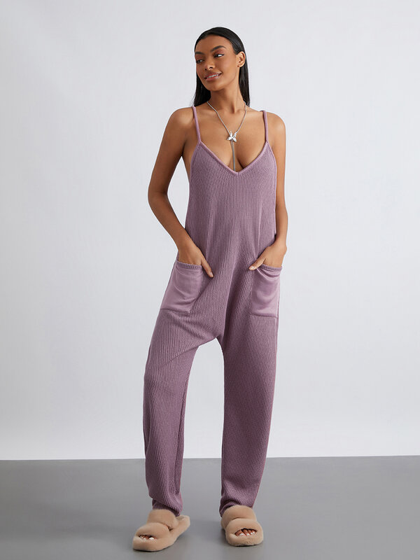 Women s Fashion Solid Color Loose Cami Bib Overalls V-Neck Big Pockets Sleeveless Jumpsuits Spaghetti Strap Long Rompers