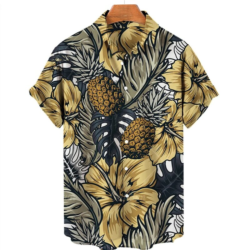 Chemises hawaïennes à manches courtes pour hommes et femmes, chemisier à simple boutonnage, impression de fruits en 3D, mode ananas, vêtements pour hommes, été