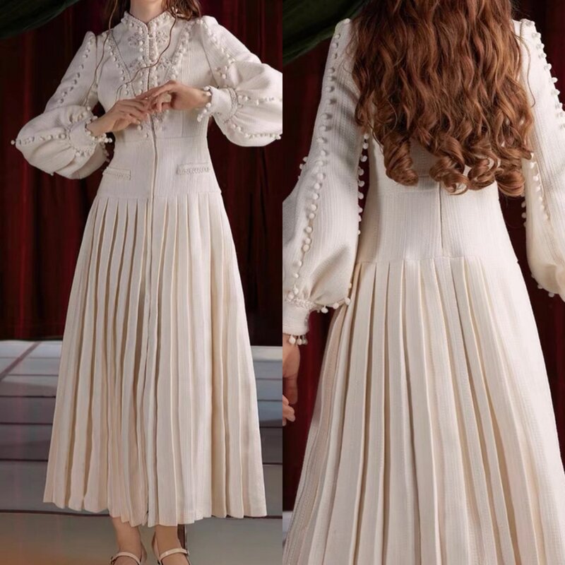 Jiayigong  Satin Button Draped Valentine's Day A-line High Collar Bespoke Occasion Gown Long Sleeve Dresses