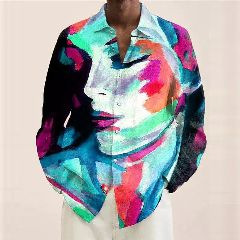 Camisa informal de manga larga con estampado de grafiti para hombre, camisa de tela suave de alta calidad con solapa para exteriores, primavera y verano, 2023