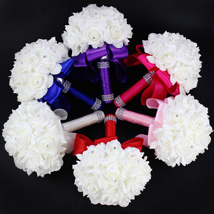 AYiCuthia Buket Pernikahan Romantis Pengiring Pengantin Wanita Dekorasi Pernikahan Buket Bunga Mawar Pengantin Putih Satin Holding S30