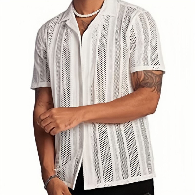 남성용 셔츠 탑 통기성 클럽 할로우 아웃 반팔, 저렴한 싱글 브레스트 가디건, 시스루 셔츠
