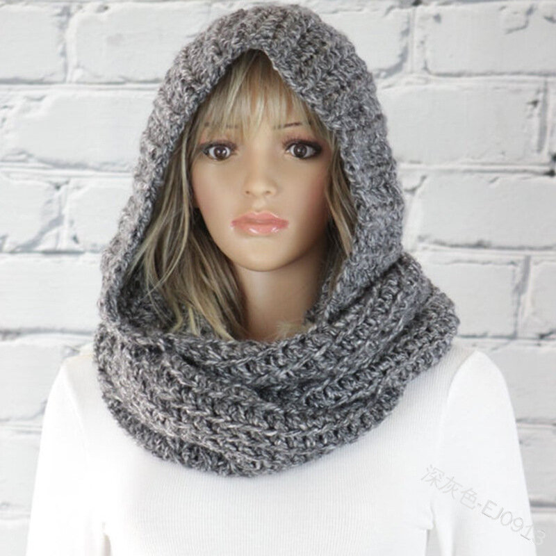 Women Fashionable Hooded Bib Solid Color Wool Hat Scarf Casual Autumn Winter Solid Color Warm Knit Scraf Cap Neck Wrap