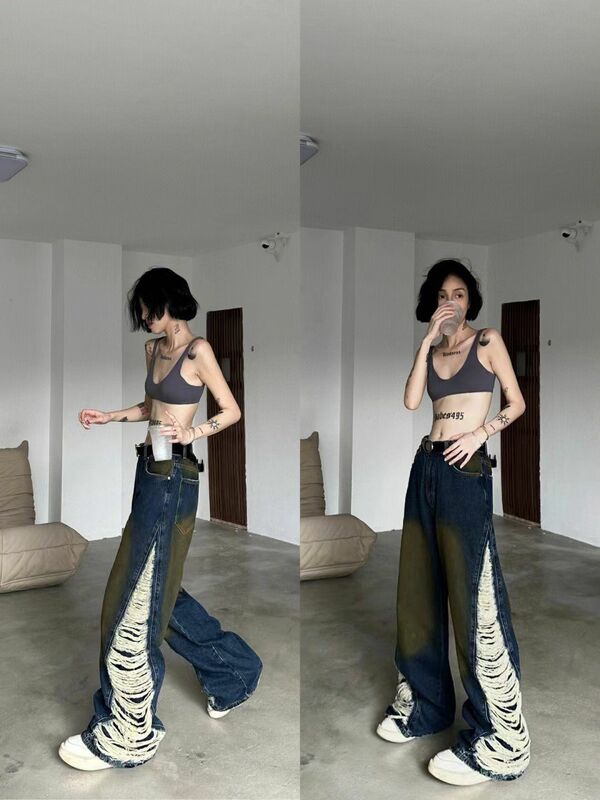 Pants vibe high street jeans feel stitched vintage distressed 2023 spring and autumn new ins loose trousers trend