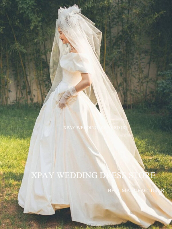 XPAY-Off فستان زفاف مع قفازات ، فساتين زفاف بخط كوري ، طية ساتان أنيقة ، فستان عروس بدون ظهر ، صور للتصوير