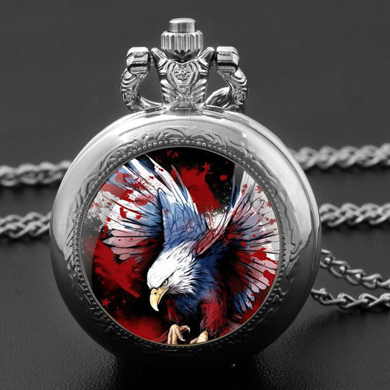 American flag Bald Eagle Bronze Silver Vintage Quartz Pocket Watch Men Women Pendant Necklace Clock Watch Kids Jewelry Gifts