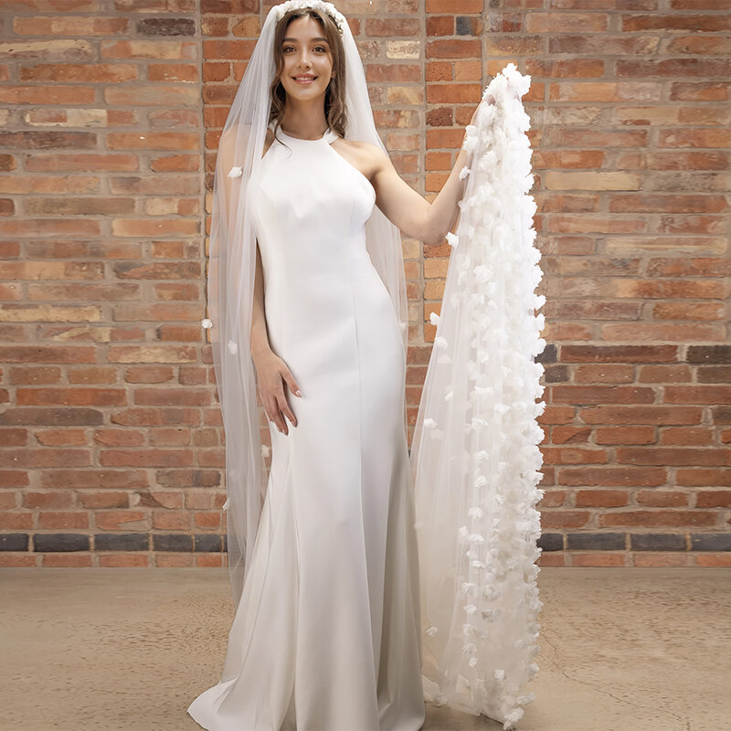 حجاب زفاف تول ناعم مع زهور ثلاثية الأبعاد ، إكسسوارات زفاف كاتدرائية فاخرة للعروس ، طبقة واحدة ، بطول 3 أمتار ، VP121