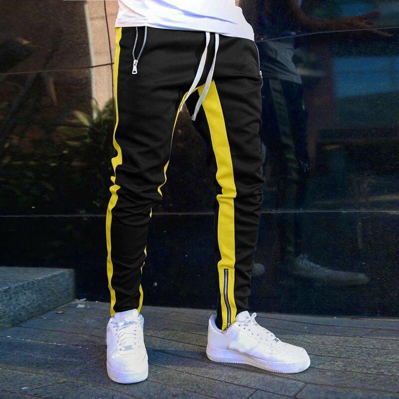 Men Leisure Outdoor Sports Pants Contrasting Colors Striped High Waist Elastic Jogging Pants Spring Fashion Daily Trousers