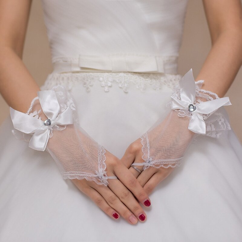 Sarung Tangan Pendek Pengantin Tanpa Jari Pernikahan Hati Bunga Renda untuk Pengiriman Drop Ikatan Simpul Berlian Imitasi