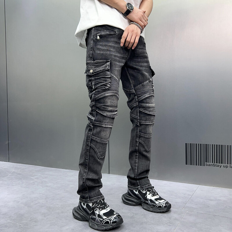 Retro Biker Jeans Herren Nähte Rüschen Design Street Vintage Mode trend ige Slim Fit Stretch Skinny Hose