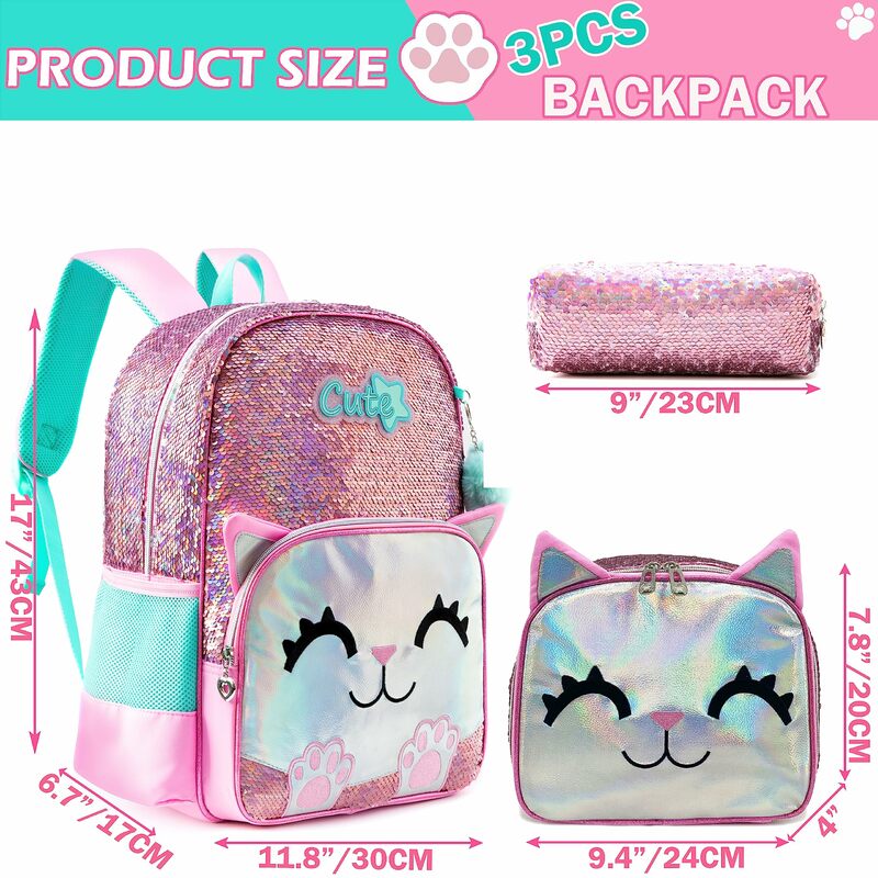 Meetbelify ransel lucu untuk anak perempuan, tas punggung sekolah kucing merah muda, tas buku payet untuk siswa TK SD dengan makan siang