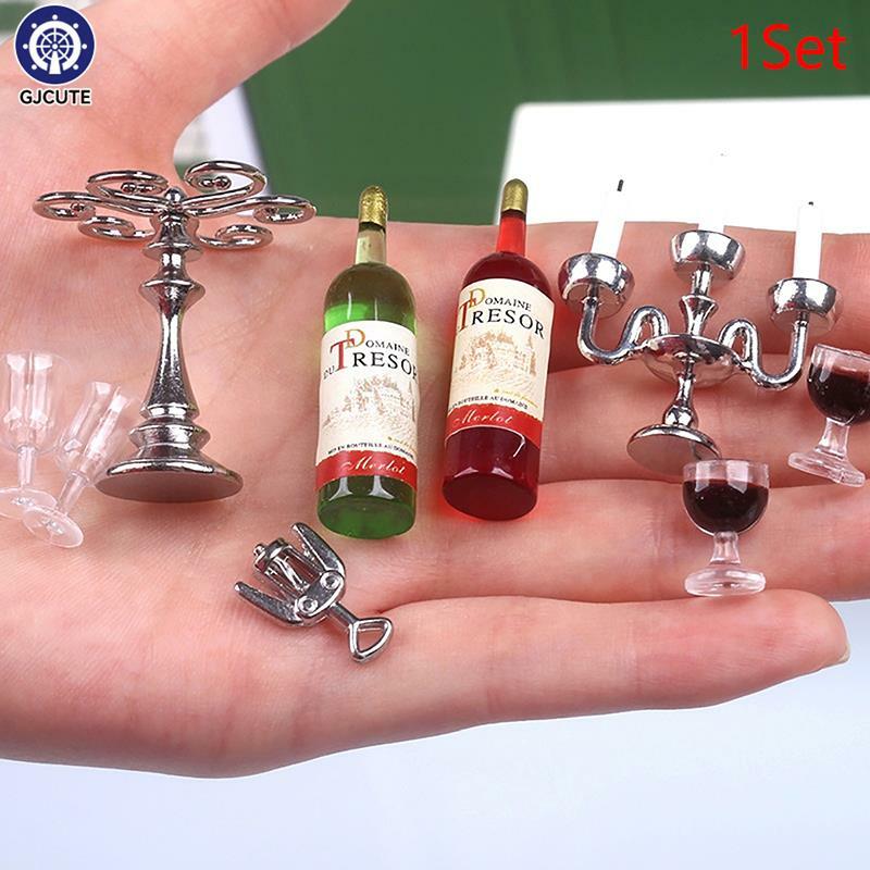 1Set 1:12 1:6 Scale Dollhouse Miniature Red Wine Candlestick Wine Cup Model Romantic Candle Light Dinner Scene Decor Toy