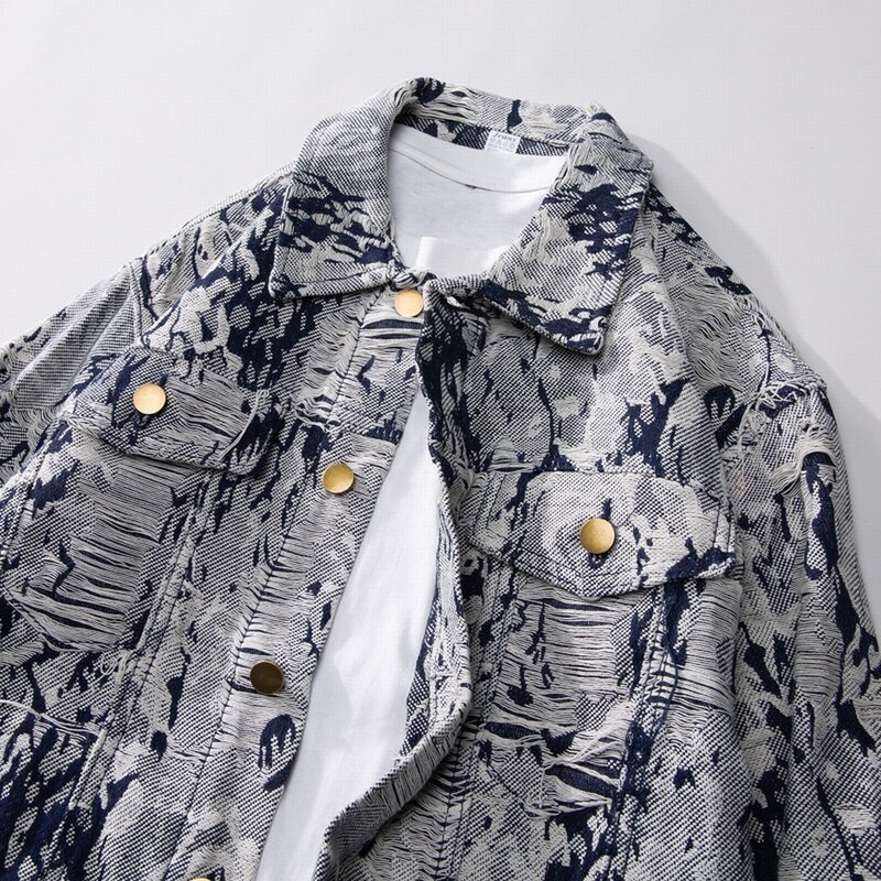 Żakardowe kurtki dżinsowe wiosenne jesienne Y2K Retro niszczą pranie w stylu Streetwear Jaqueta Jeans Chaquetas Hombre męskina