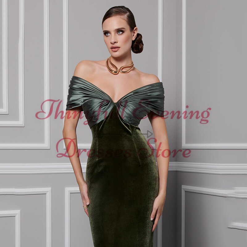 Thinyfull gaun Prom putri duyung Formal gaun malam beludru bahu terbuka gaun pesta koktail Dubai Arab Saudi ukuran Plus
