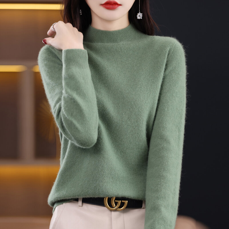 Suéter de punto de Cachemira de lana merina para mujer, Jersey de manga larga de cuello medio alto, Top elegante, cálido y único, alta calidad