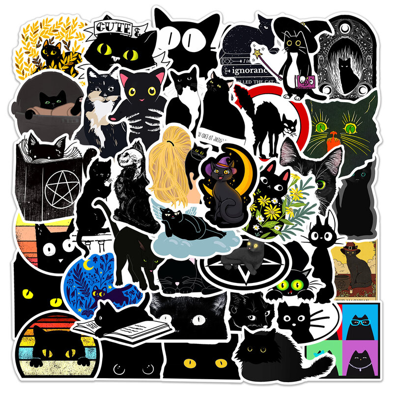 かわいい小さな黒の猫シリーズ漫画落書きステッカー、ラップトップ、ヘルメット、デスクトップの装飾、DIYおもちゃ、50個に適しています