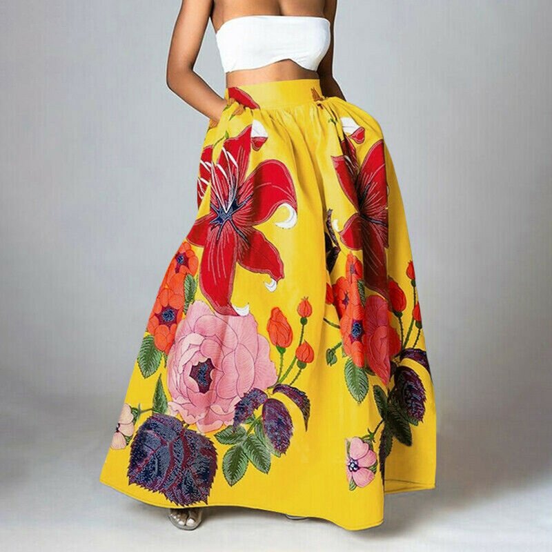 Summer Stylish Big Flower Printed Women Skirts Elegant High Waist A-Line Long Maxi Skirt 2024 Casual Loose Party Holiday Skirt