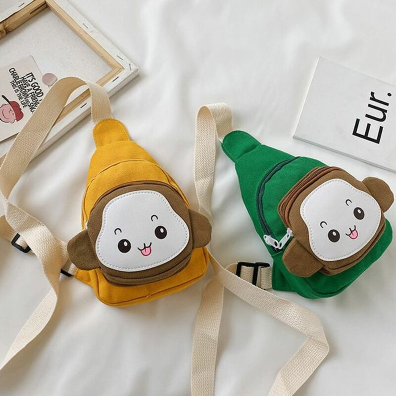 Bandolera de lona para niños, bolso de pecho de viaje ligero con estampado de mono de dibujos animados, gran capacidad, con cremallera