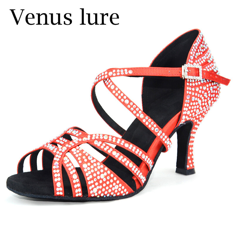 Venus Lure sandal tari merah Satin kustom dengan batu 7.5CM dengan pengiriman gratis