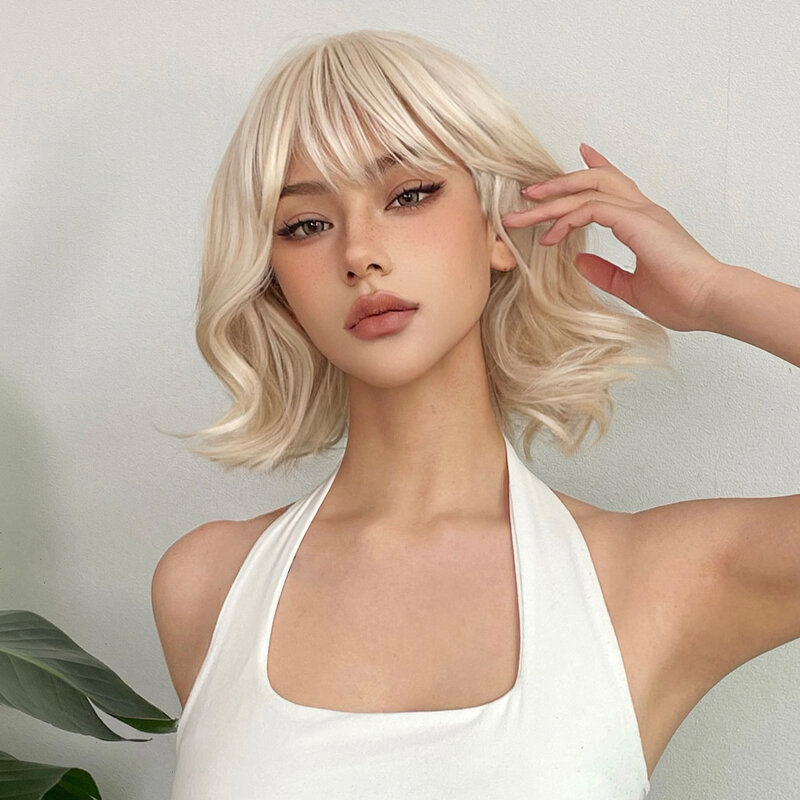 SNQP Short Curly Blonde Wig with Bangs New Stylish Hair Wig for Women Daily Cosplay Party Heat Resistant High Temperature Fiber