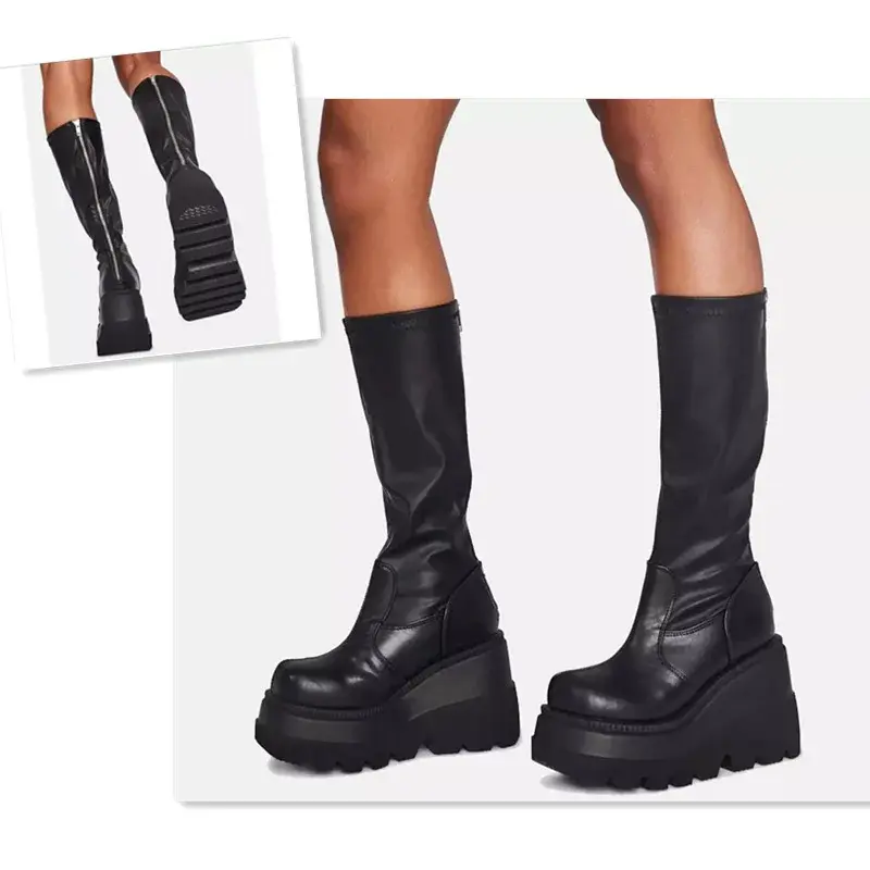Sepatu bot Platform Punk wanita, sepatu bot merek hitam Goth hak Chunky bahan serat mikro elastis musim semi musim gugur 2024
