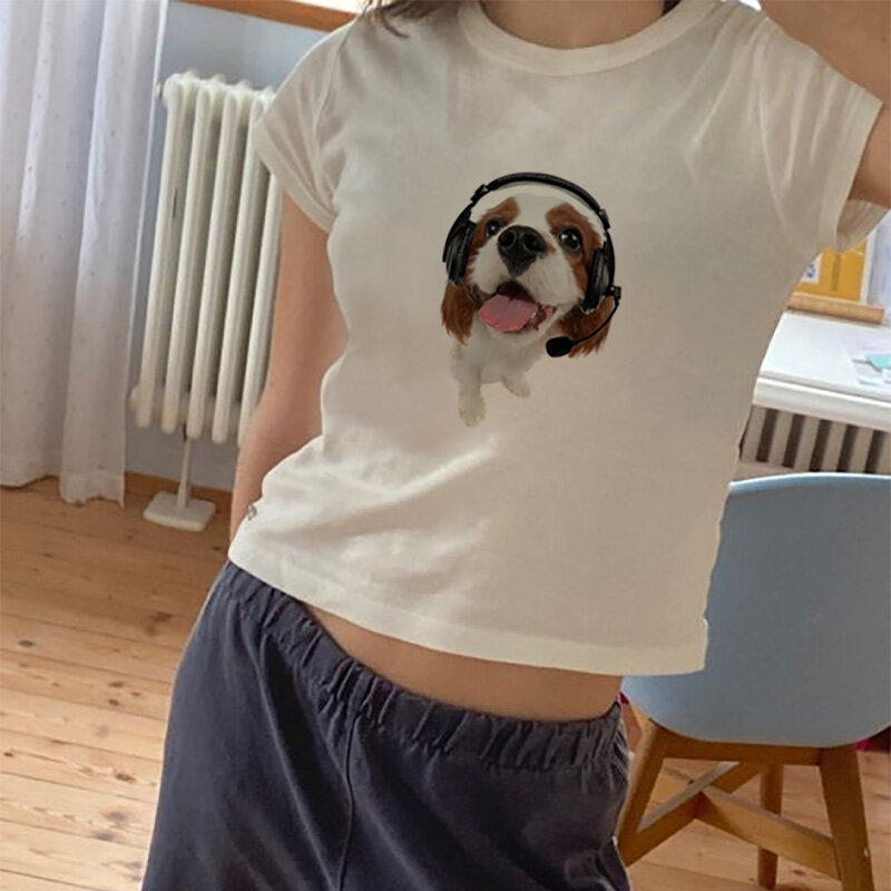 T-shirt donna manica corta Tee Kawaii Dog Y2k Crop Top Harajuku Vintage Summer Graphic Sexys estetica vestiti popolari coreani