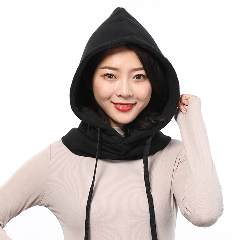 Sparsil Unisex Winter Cotton Hat Warm Thick Ear Neck Protection Beanies Women Men 2 Layer Hooded Collar Removable Drawstring Cap