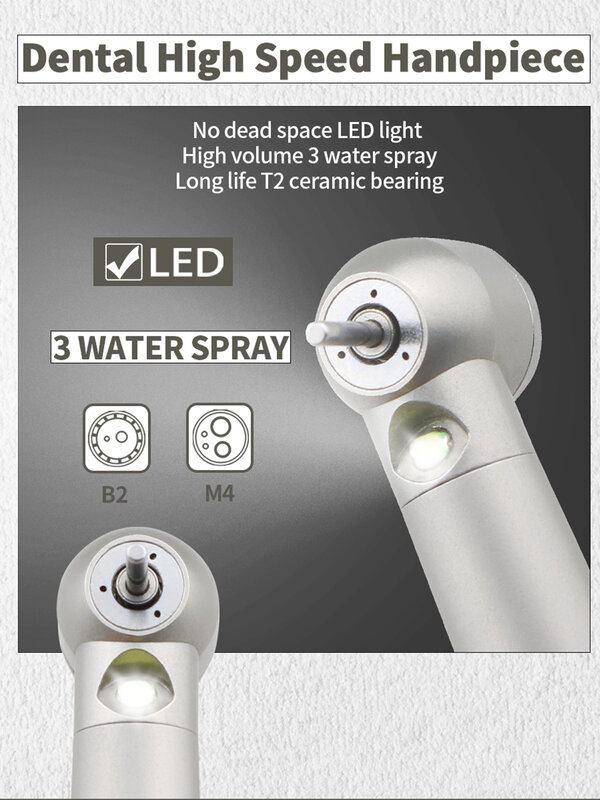 Peça de mão odontológica de LED de alta velocidade e alta rotação com 3 sprays de água e resfriamento rápido com rolamento de cerâmica e ponta de turbina de baixo ruído Ferramentas odontológicas