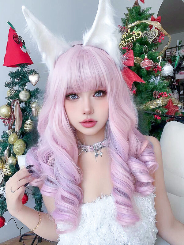 22Inch Cherry Blossom Pink Color Synthetic Wigs With Bang Long Natural Curly Hair Wig For Women Cosplay Party Heat Resistant