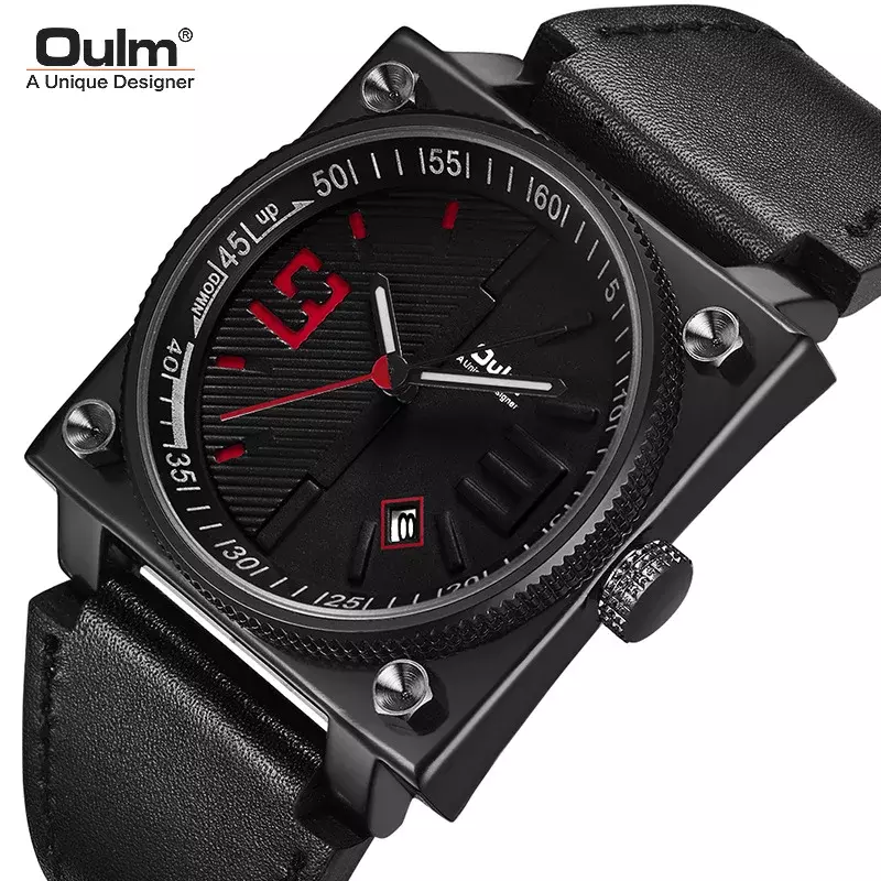 Oulm นาฬิกาผู้ชาย2023ใหม่สไตล์แฟชั่นหน้าปัดสี่เหลี่ยมสายหนังแท้นาฬิกาชายนาฬิกาข้อมือทหารกันน้ำ
