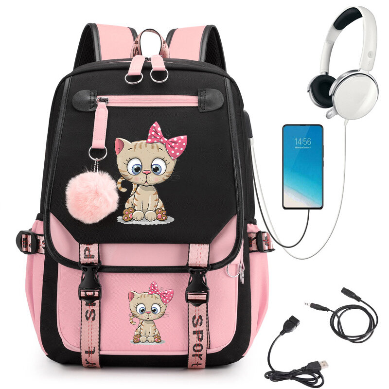 Tas sekolah motif kucing lucu tas ransel sekolah tas sekolah gambar kucing kartun pelajar tas buku Usb tas punggung wanita remaja