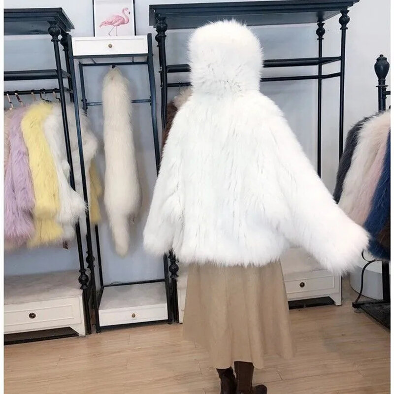 Double Woven Fox Fur Jacket for Women, Mid-length Overcoat, Loose Hooded Coat, Thick Warm Fur Parker Coat, Autumn Winter, 2023
