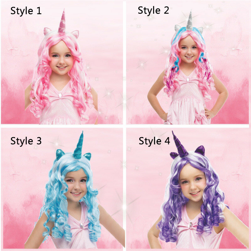 Rainbow Unicorn Cosplay Wig para meninas, Princess Hair, Long Fake Hair, Acessórios de desenhos animados para crianças, Kids Gifts