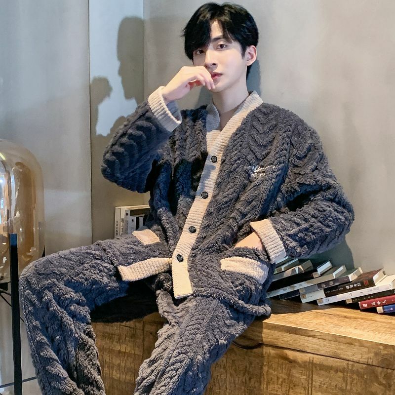 V-Ausschnitt Nachtwäsche Männer Pyjama Set warm Herbst Winter verdickt Langarm lange Hosen Flanell Homewear Sets Knopf Taschen koreanisch