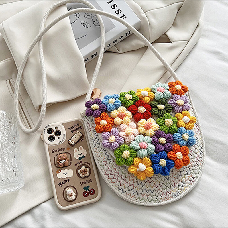 Bolso de moda coreana para mujer, bolsa de paja tejida con flores, bandolera pequeña de ganchillo Floral, bandolera de hombro tejida