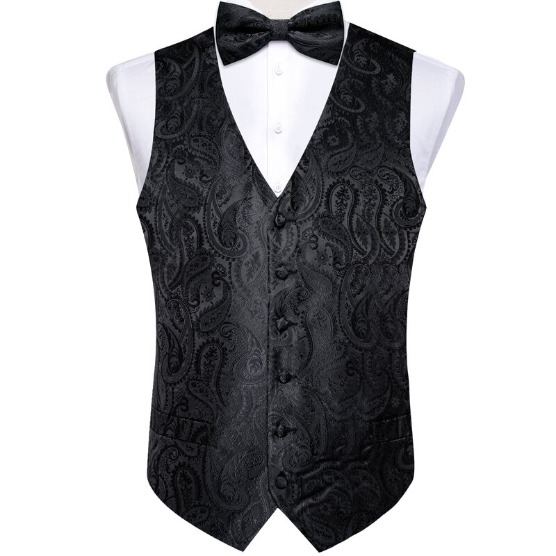 Gilet Paisley noir pour hommes, ensemble de 5 pièces, avec poches carrées, boutons de manchette, robe, classique, Business