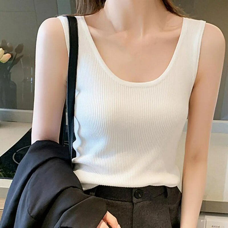Bluzka damska koszulka bez rękawów z wycięciem prążkowany oddychający dopasowany jednolity kolor letni damski podkoszulek w stylu Basic Casual odzież na co dzień