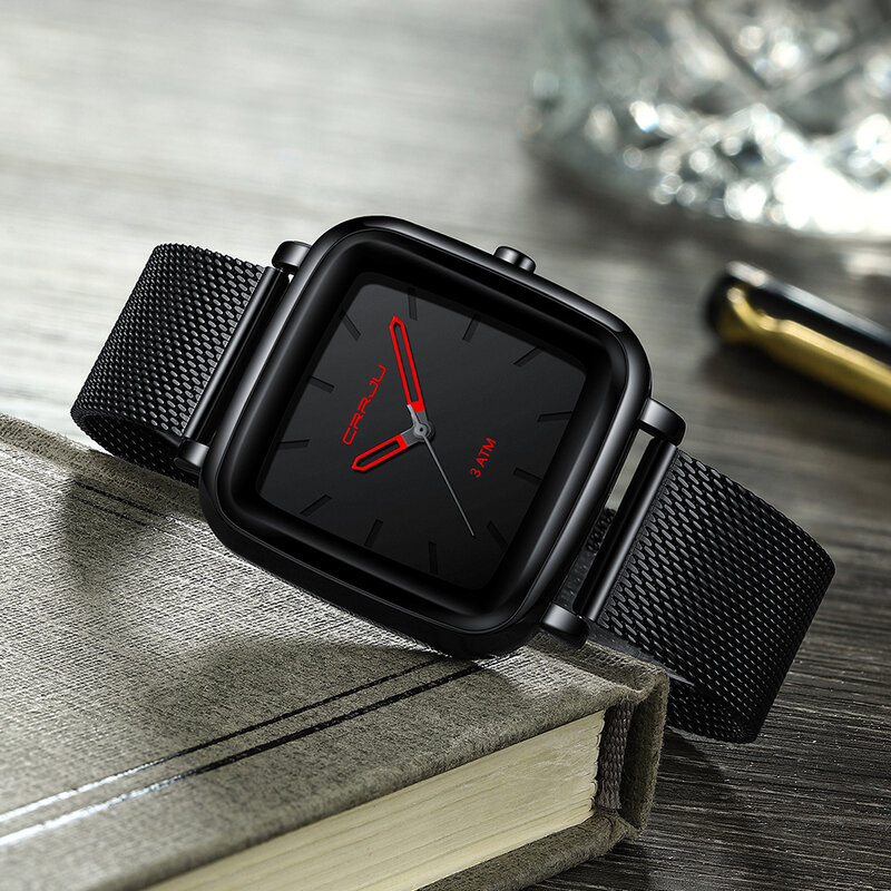 CRRJU-새로운 최고 브랜드 럭셔리 스퀘어 남성 시계, 스포츠 방수 시계 패션 스테인레스 스틸 아날로그 쿼츠 손목 시계