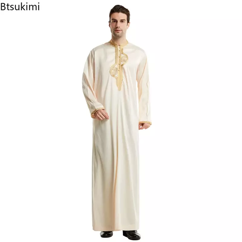 Мусульманская Мужская одежда, кафтан с длинным рукавом, стоячий воротник, Eid Thobe Kurta, Арабская модель, Дубай, мусульманская привычка, этнический отдых