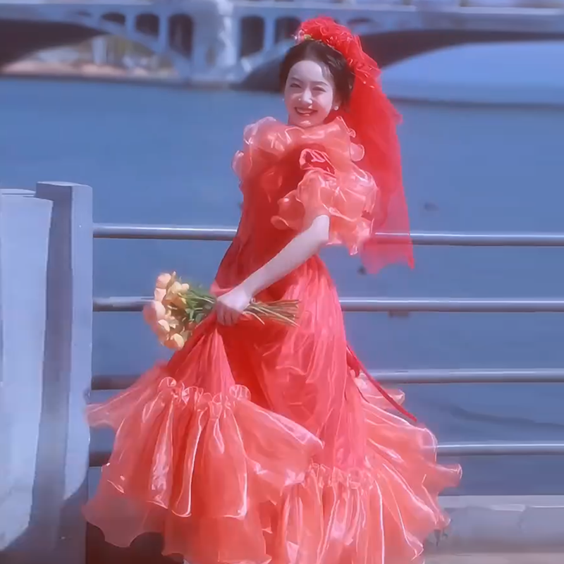 Anxin sh Prinzessin Rüschen orange rote Spitze Boots hals Kurzarm Perlen Blume Perlen schnüren Braut antiken Hochzeits kleid