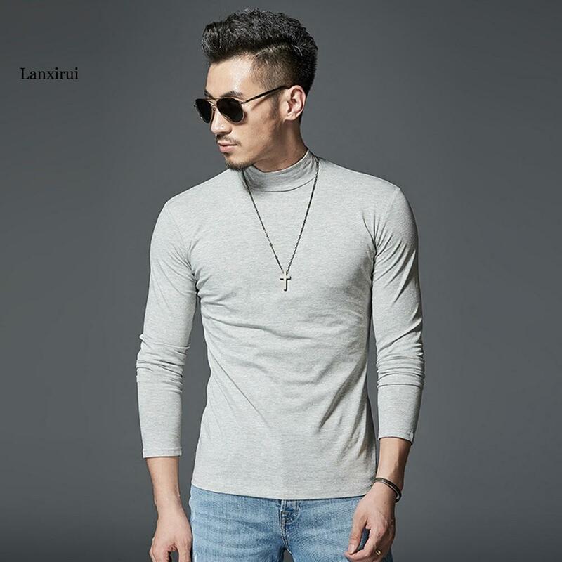 Camisa masculina de manga comprida cor sólida meia gola alta fina camisa de fundo inverno secagem rápida terno quente manter quente