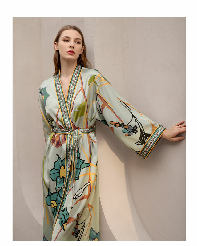 Birdtree-pijama longo elegante para mulheres, 100% seda amoreira, estampado rosa, estilo francês, roupas de casa, novo, primavera, verão, P41449QC, 2022