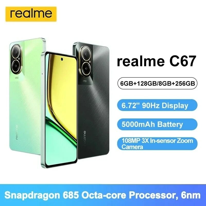 Realme-C67 Smartphone com Câmera AI, Snapdragon 685, 6,72 pol, Display 90Hz, 108MP, 5000mAh, Carga SupervOC de 33W, Suporte NFC, Versão Global