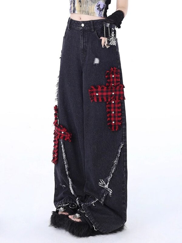 HOUZHOU Gothic Vintage Y2k Jeans larghi donna pantaloni in Denim stile giapponese moda coreana Streetwear Harajuku Punk Gyaru pantaloni