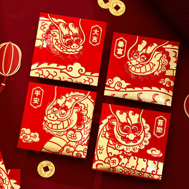 6Pcs 2024 New Year Red Envelopes Dragon Year Spring Festival Red Packet Lucky Money Packets Kids Cartoon Gift Bag
