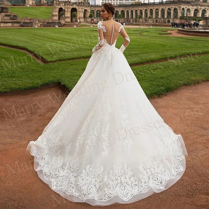 Exquisite Modern A Line Wedding Dresses Lace Appliques Long Sleeve Scoop Neck Bride Gowns Button Back Illusion Vestido De Novia