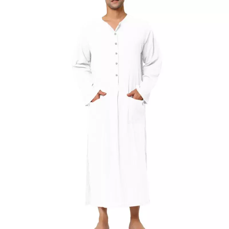 Осенняя одежда мужская Роскошная Этническая одежда на пуговицах с длинным рукавом мусульманская одежда Повседневная однотонная Исламская Арабская Дубайская искусственная ткань Новинка 2024